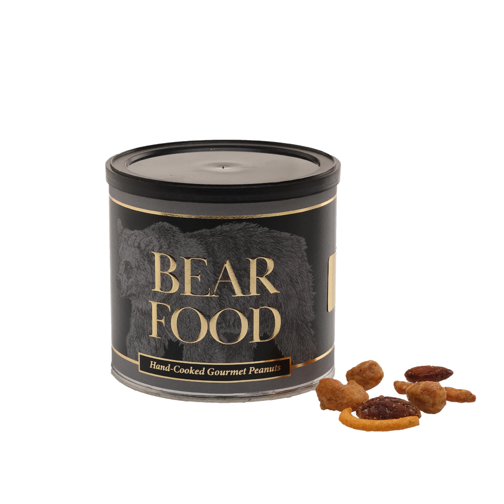 Jar labeled 'Bear Food' with small snacks on a white background