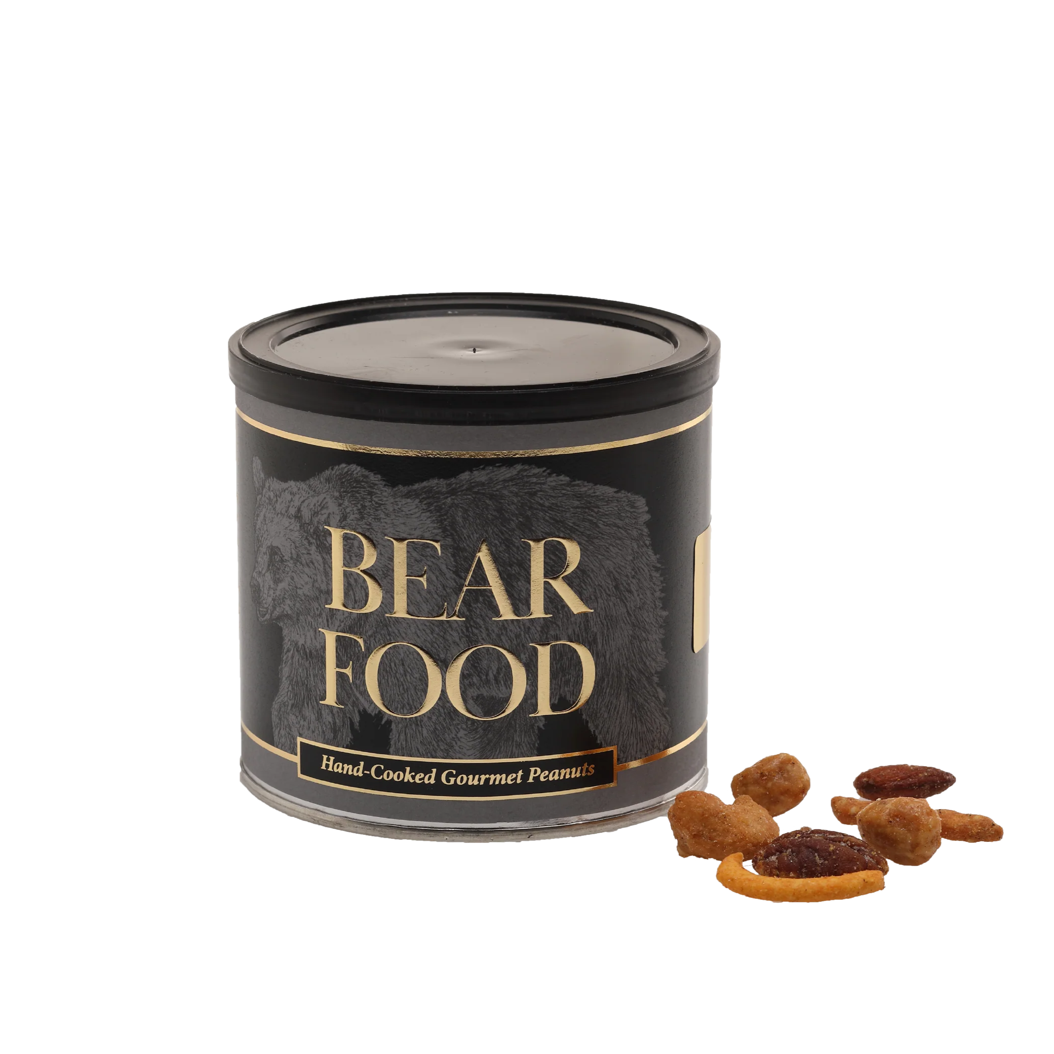 Jar labeled 'Bear Food' with small snacks on a white background