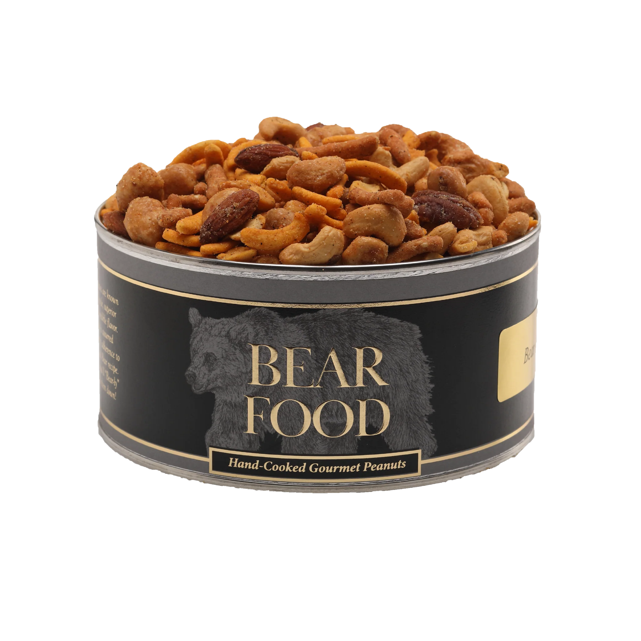 Container of 'Bear Food' gourmet peanuts on a white background