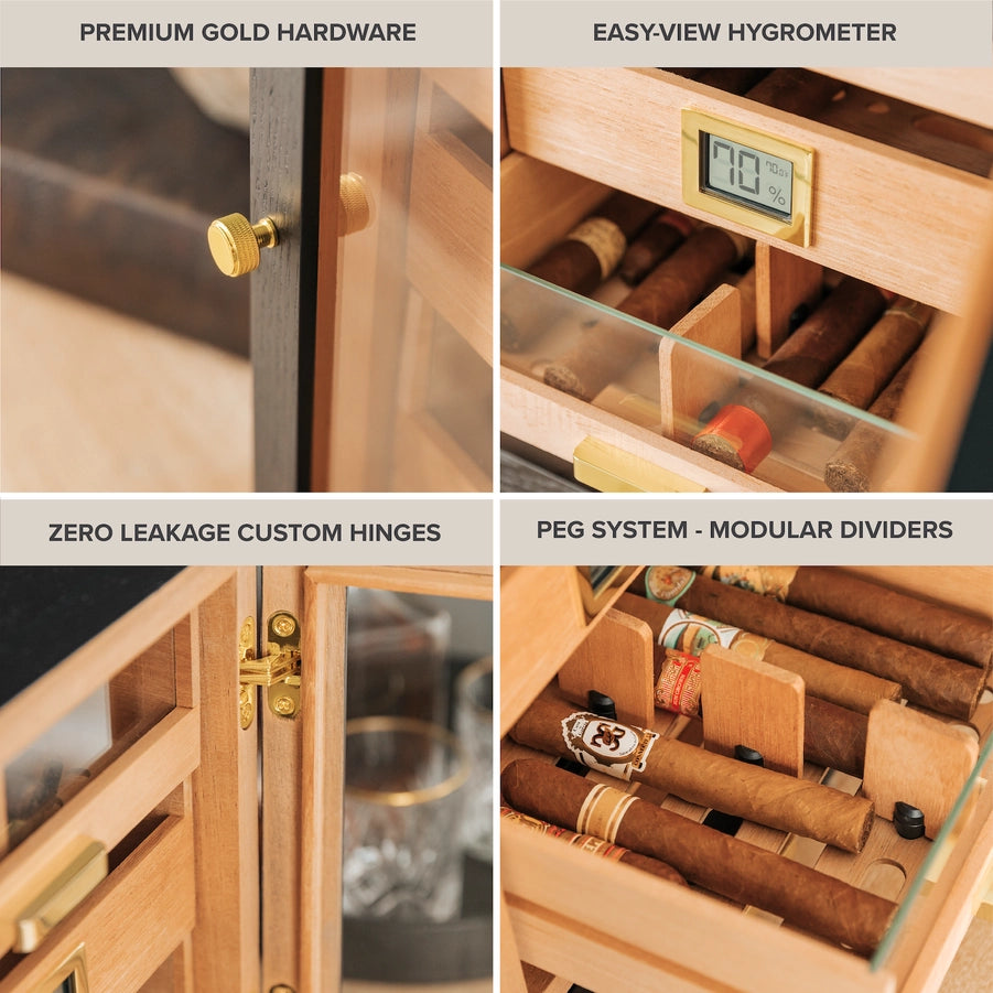 Close up details of a humidor cabinet's premium gold hardware, easy-view hygrometer, zero leakage custom hinges, and peg system modular dividers.
