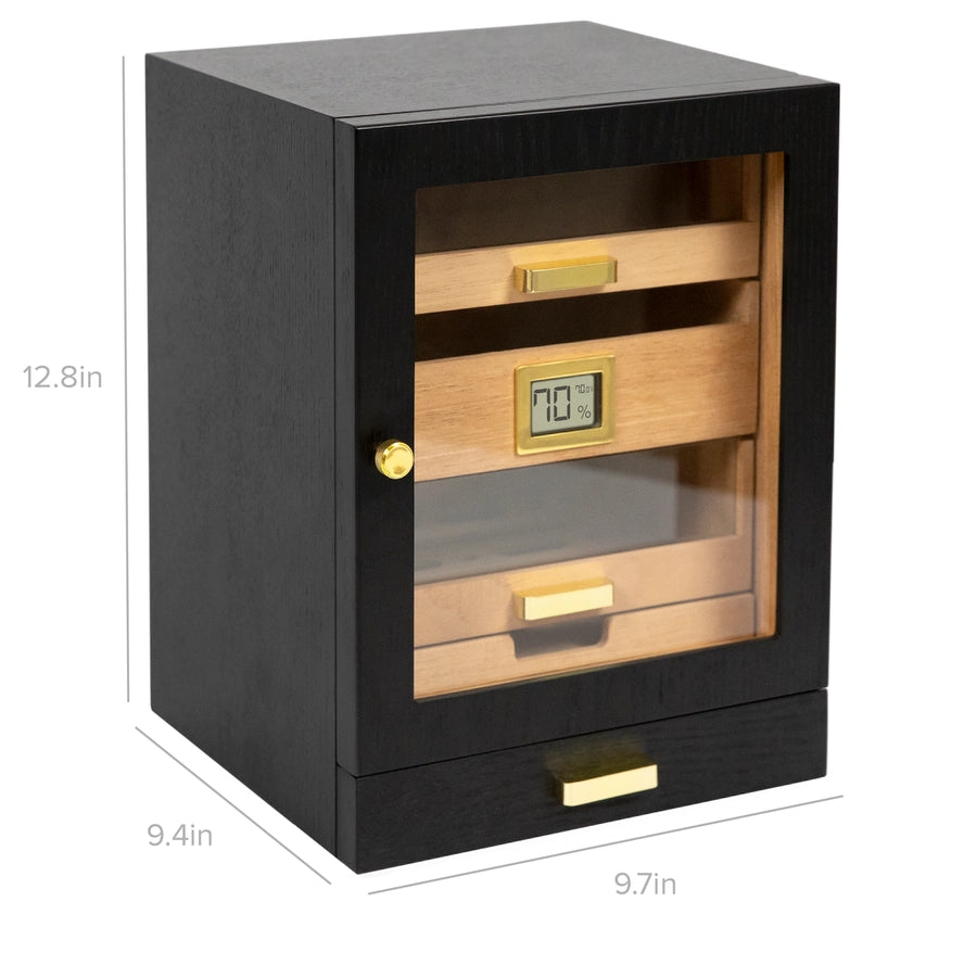 A black ash wood humidor cabinet with gold-plated hardware, featuring a digital display and multiple cigar drawers with dimensions shown.