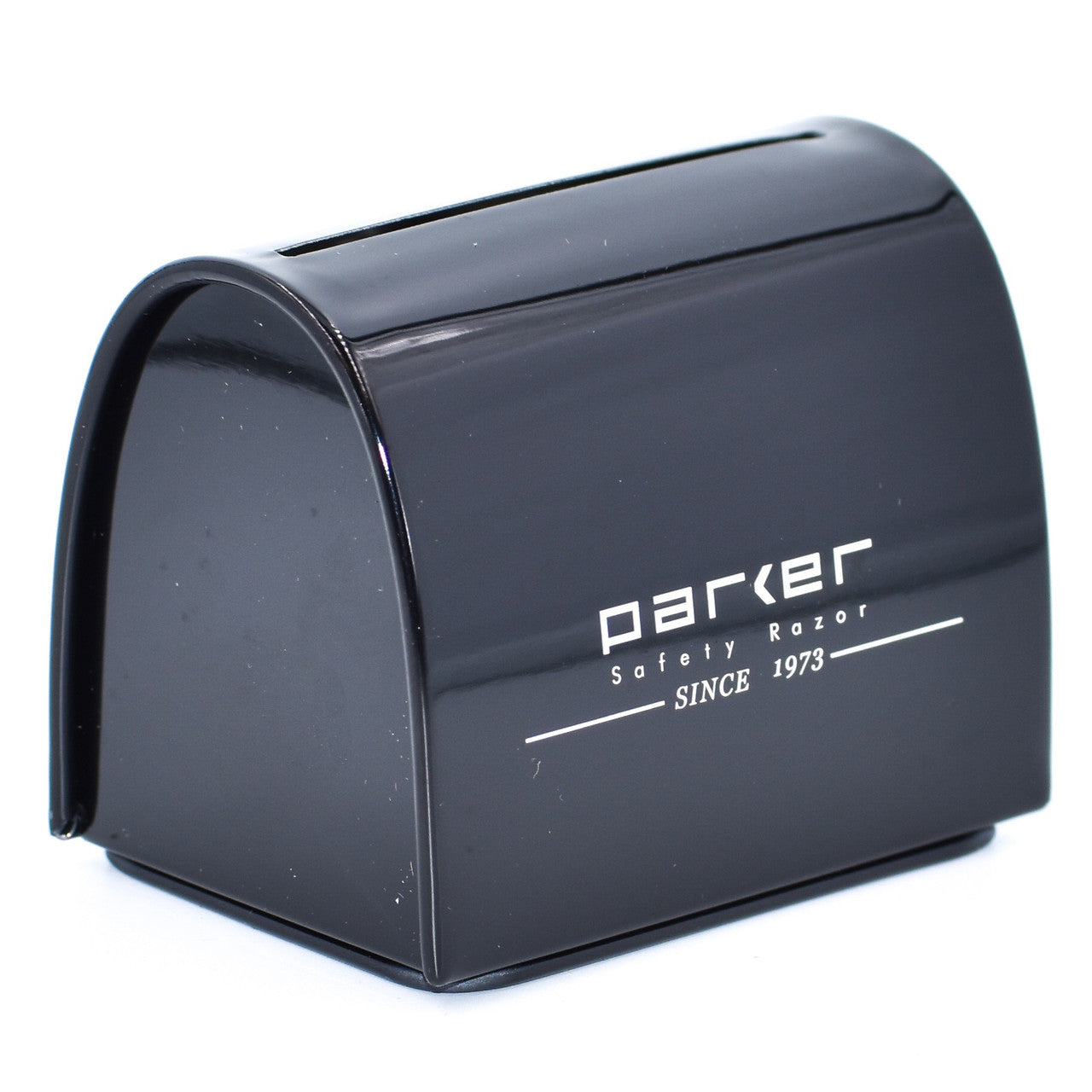 A black metal Parker Safety Razor blade disposal bank