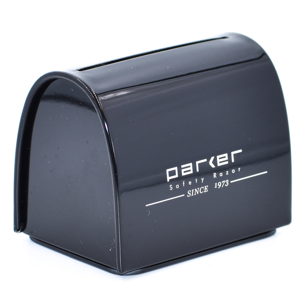 A black metal Parker Safety Razor blade disposal bank