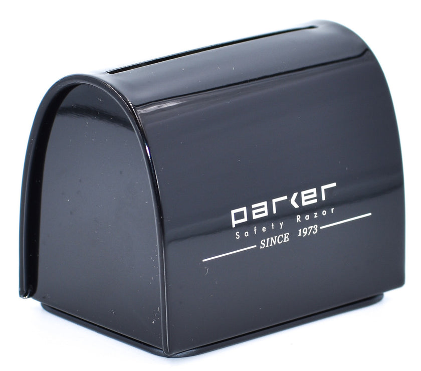 A black metal Parker Safety Razor blade disposal bank
