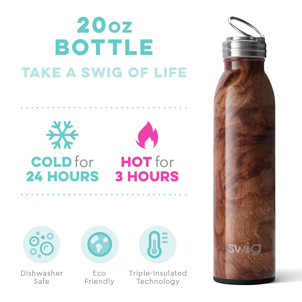 Wood patterned water bottle with features and benefits on a white background.