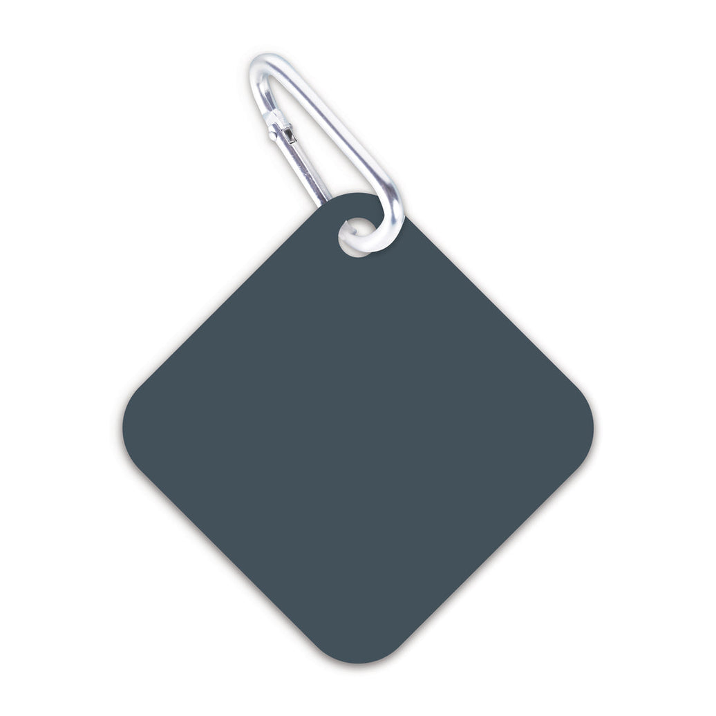 A blue-grey square luggage tag with a loop for attachment, displayed against a white background.