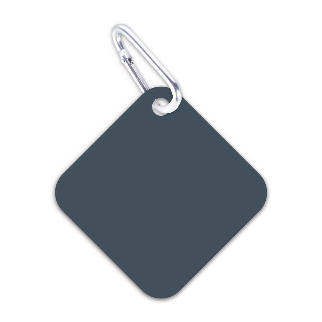 A blue-grey square luggage tag with a loop for attachment, displayed against a white background.