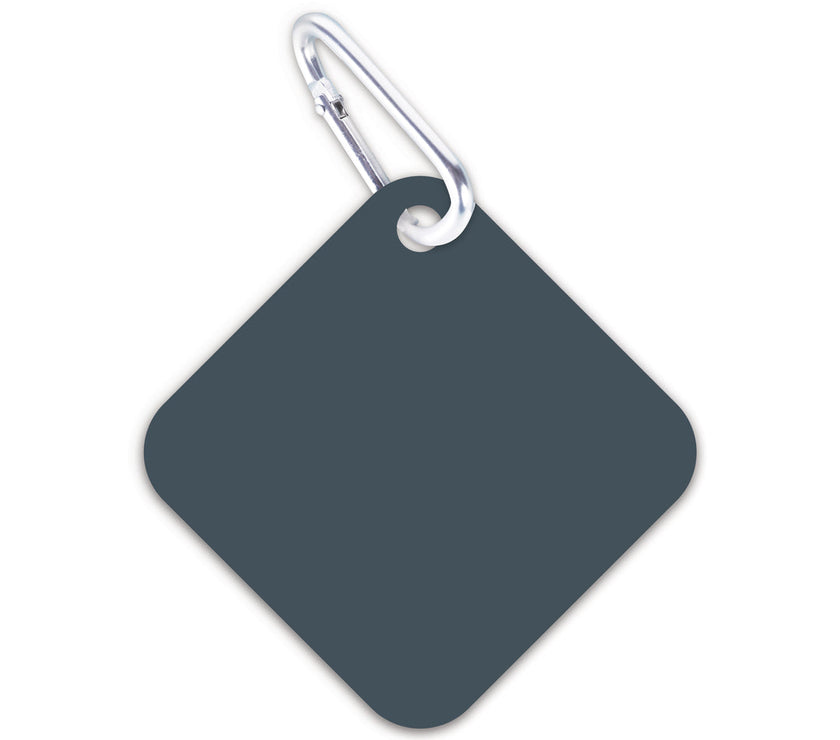 A blue-grey square luggage tag with a loop for attachment, displayed against a white background.
