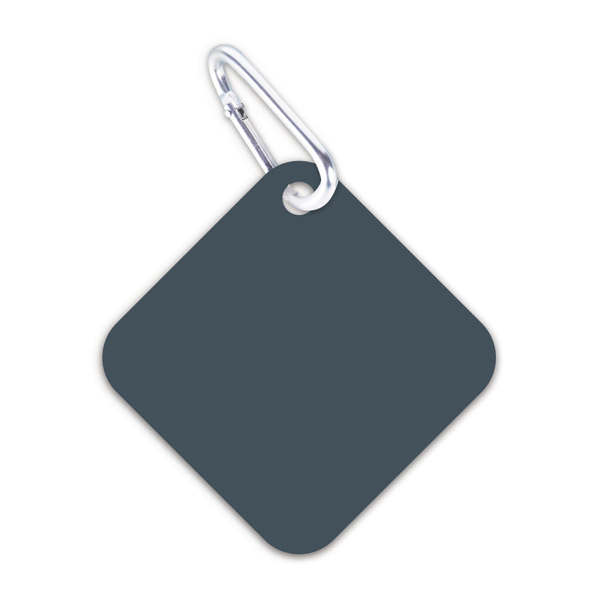 A blue-grey square luggage tag with a loop for attachment, displayed against a white background.