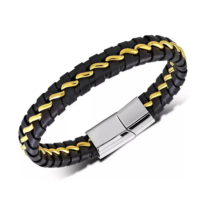 Ponza - Black Woven Leather Bracelet with Gold | Small
