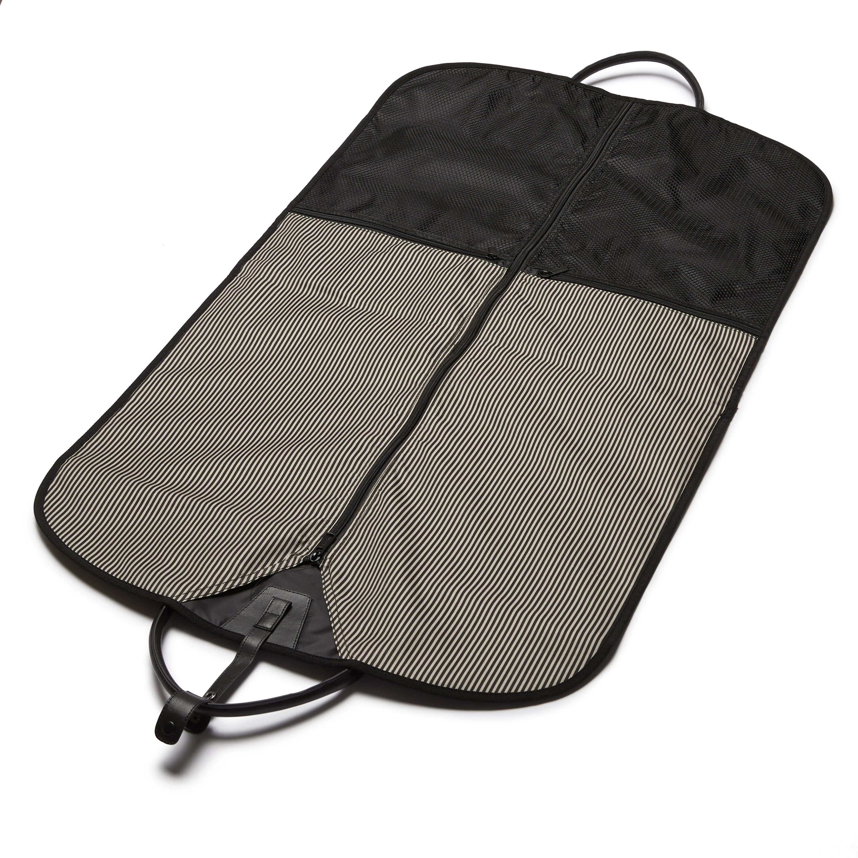 Black and gray garment bag open to show the interior with with a zipper on a white background
