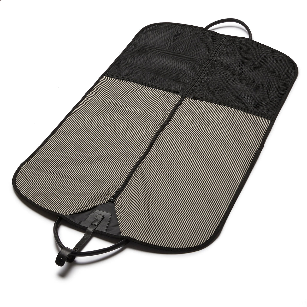 Black and gray garment bag open to show the interior with with a zipper on a white background