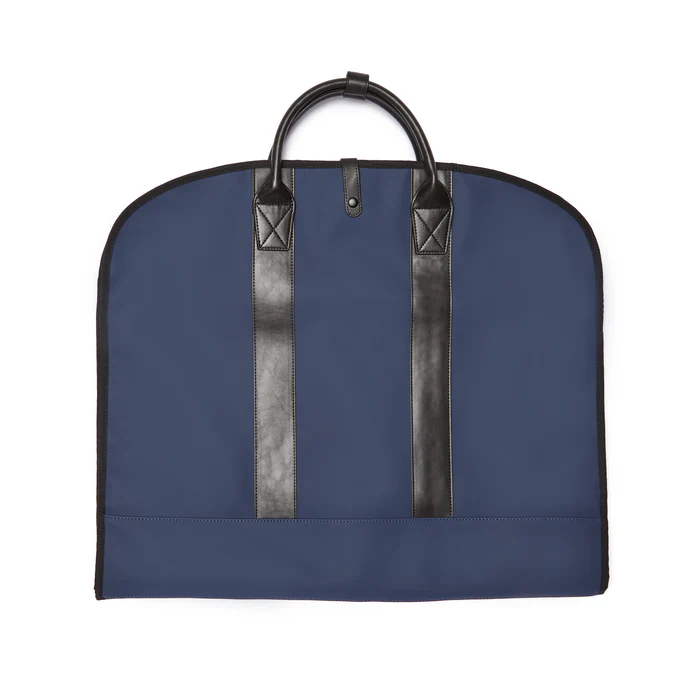 Blue garment bag with black straps on a white background