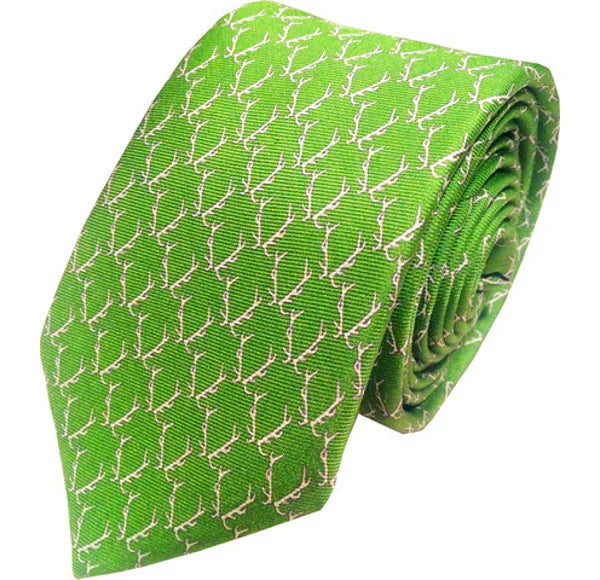 Green tie with white pattern on a white background