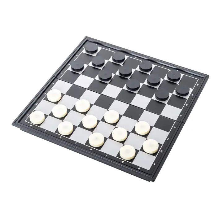 Black and white checkers board with pieces on a white background