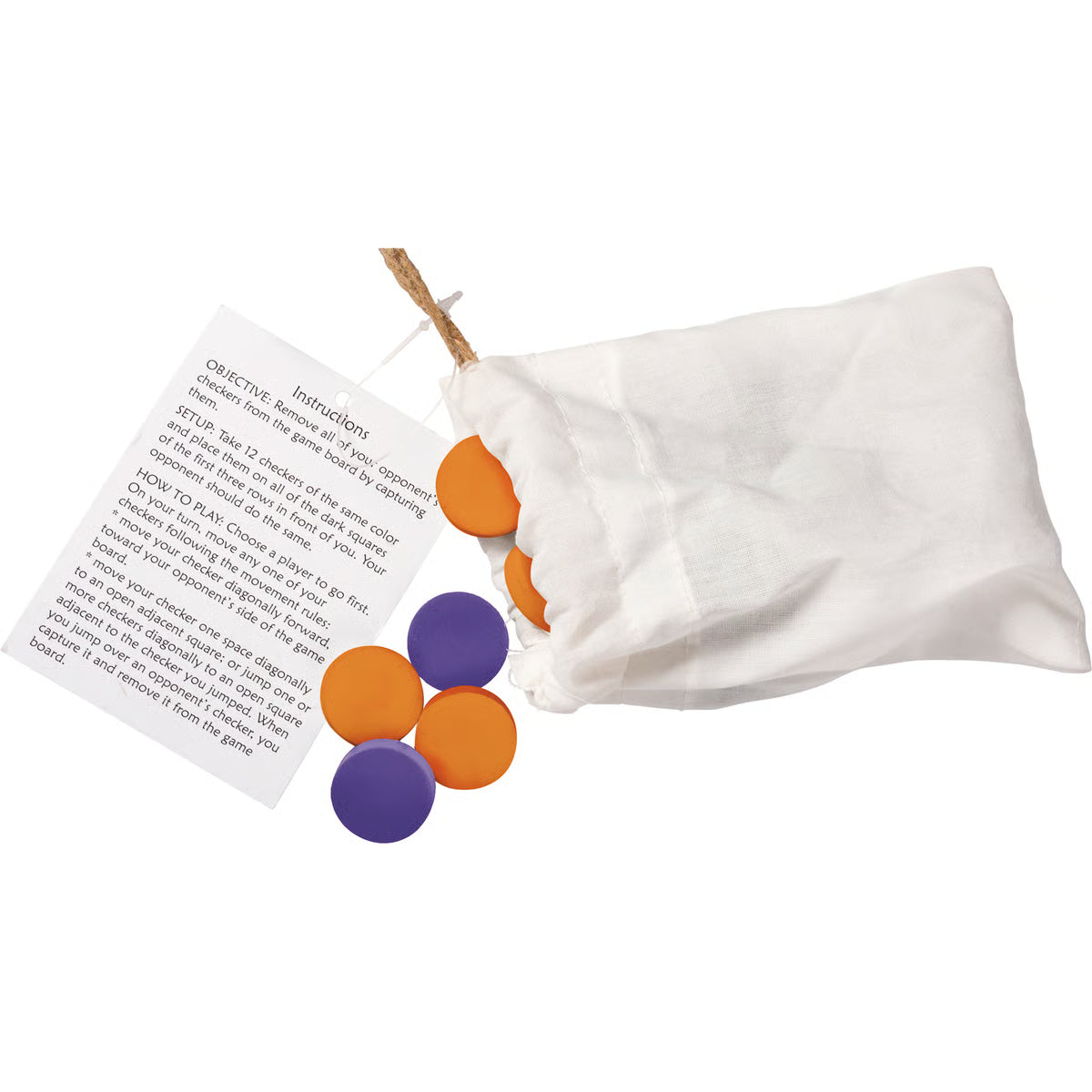 White fabric bag with orange and purple checker game pieces inside, next to an instruction sheet.