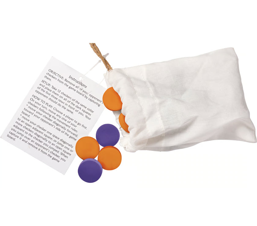 White fabric bag with orange and purple checker game pieces inside, next to an instruction sheet.
