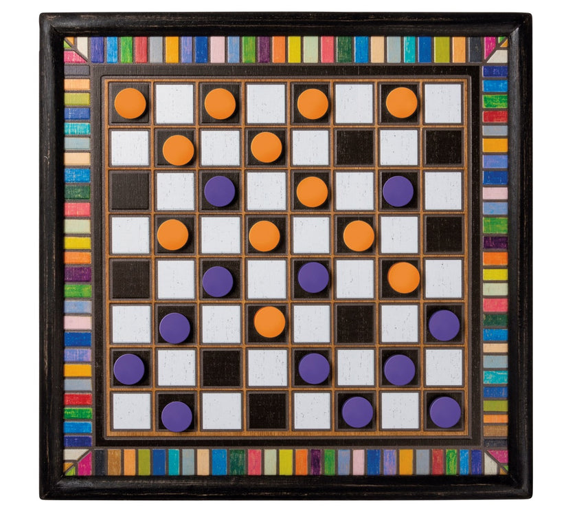 A colorful checkerboard game with orange and purple pieces on the board, with a multicolored border.