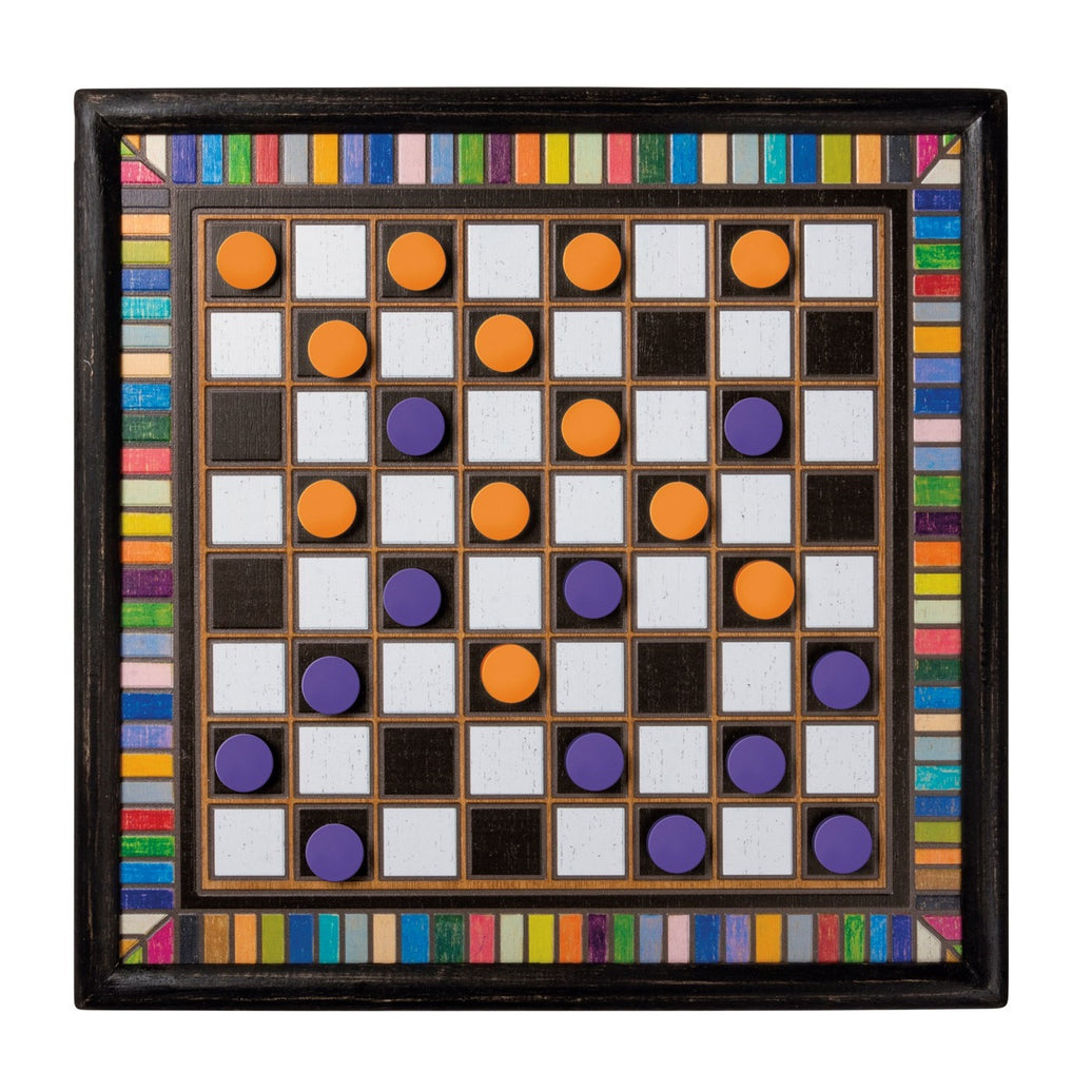 A colorful checkerboard game with orange and purple pieces on the board, with a multicolored border.