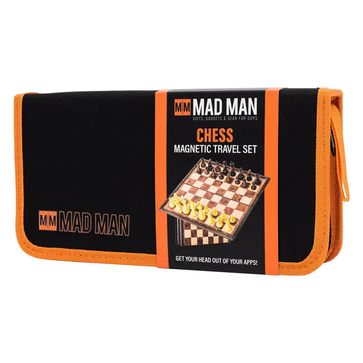 Magnetic travel chess set packaging with 'Mad Man' branding on a white background