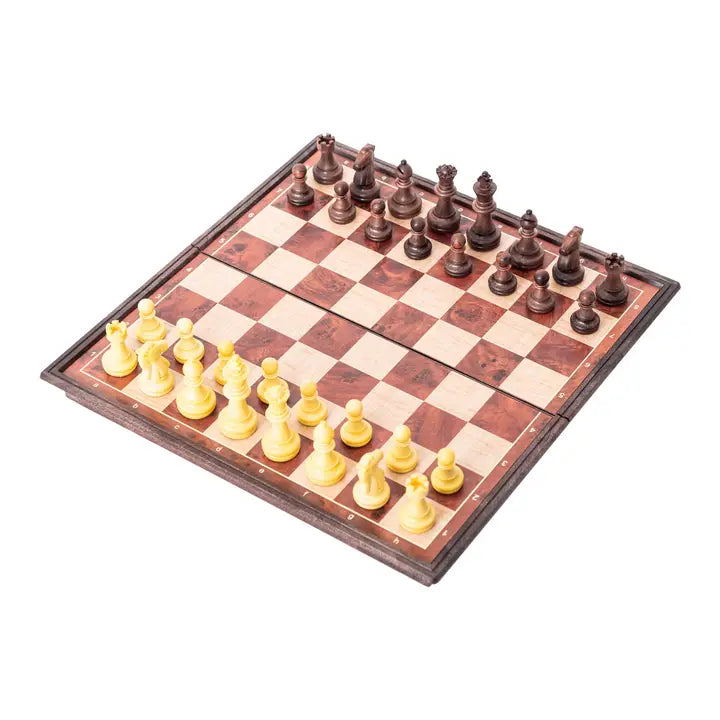 Wooden chessboard with pieces on a white background