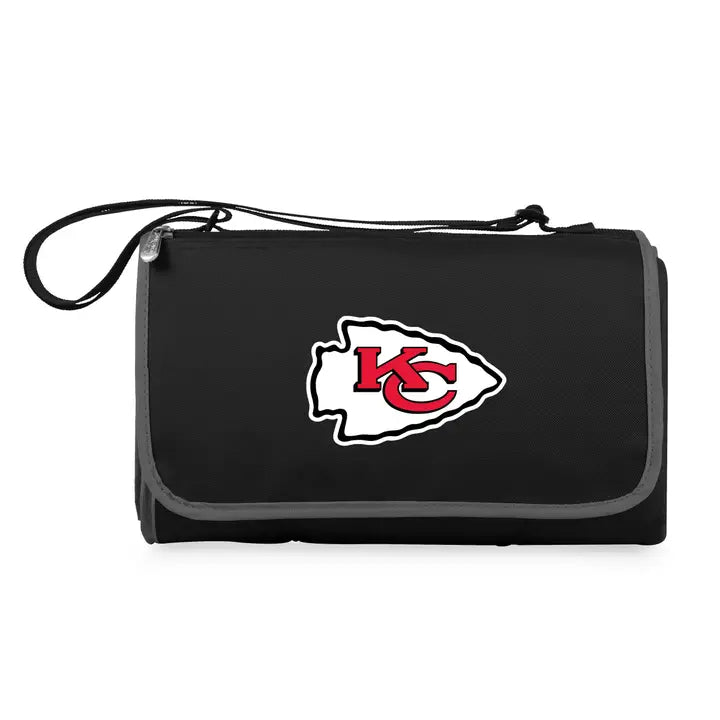 Black picnic blanket tote with Kansas City Chiefs logo on a white background
