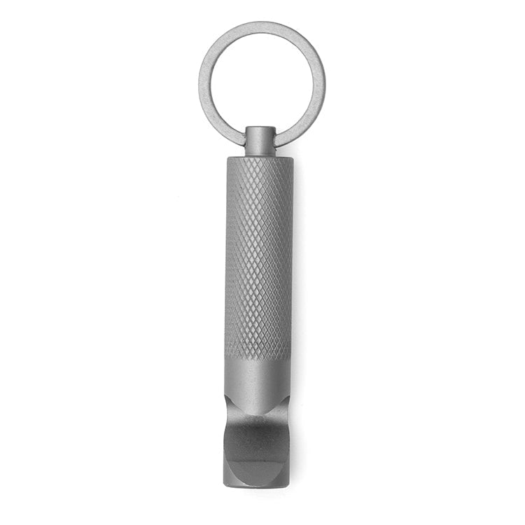 Silver metal keychain with simple bottle opener on a white background