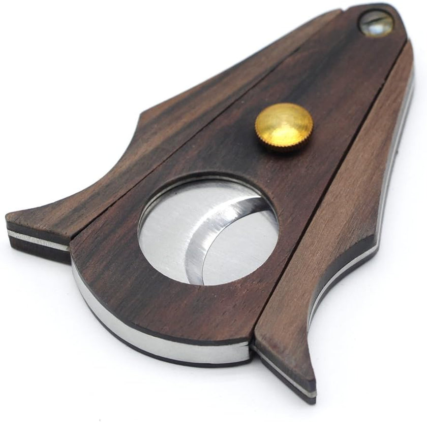 Wooden and metal cigar cutter on a white background