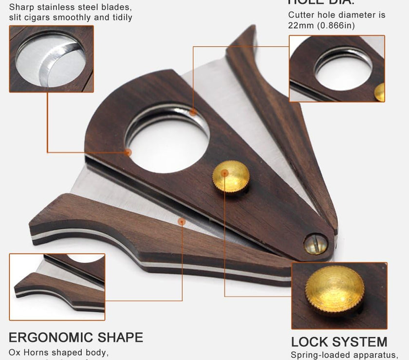 Cigar cutter with wooden handle and stainless steel blades, featuring details on blades, hole diameter, ergonomic shape, and lock system.