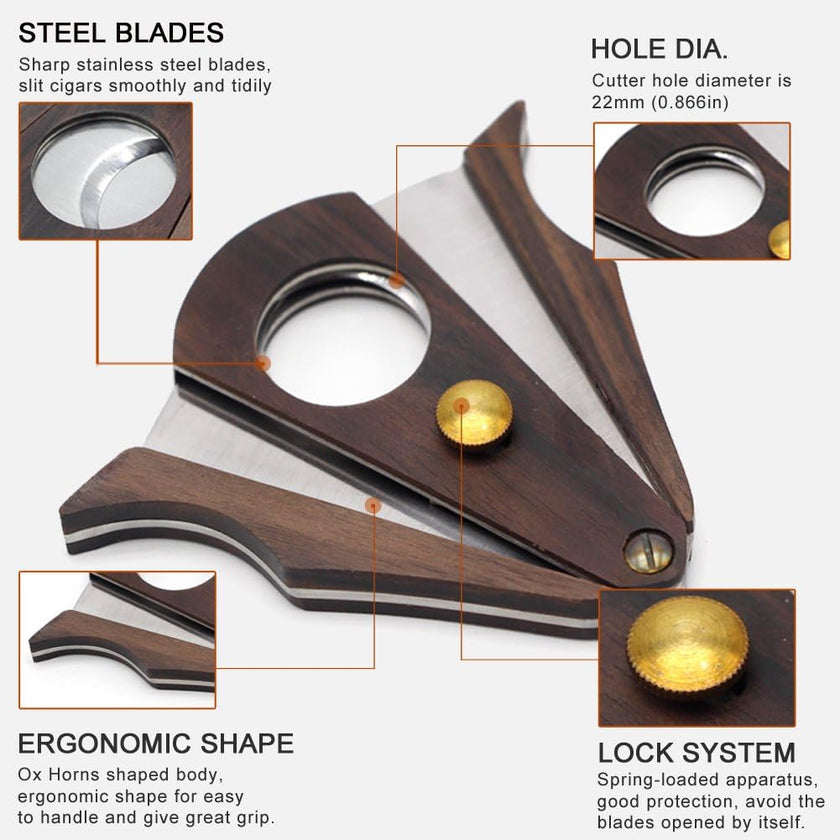 Cigar cutter with wooden handle and stainless steel blades, featuring details on blades, hole diameter, ergonomic shape, and lock system.