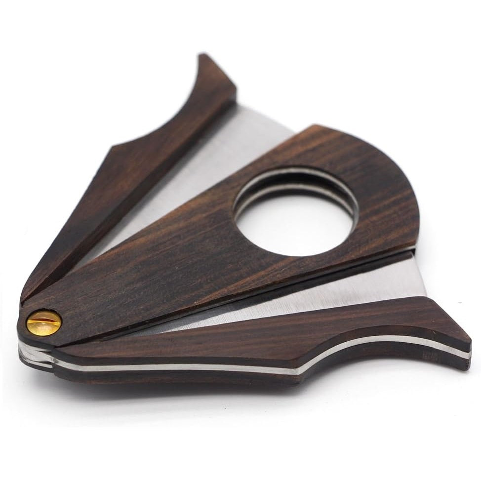 Wooden and metal cigar cutter on a white background