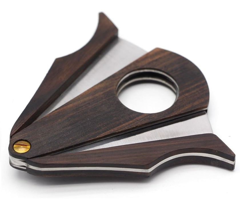 Wooden and metal cigar cutter on a white background