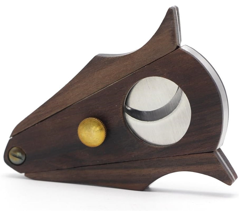 Wood and metal cigar cutter on a white background
