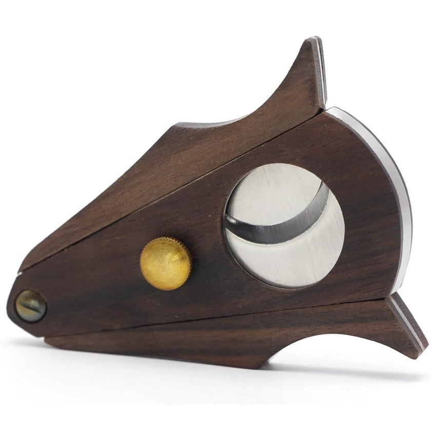 Wood and metal cigar cutter on a white background