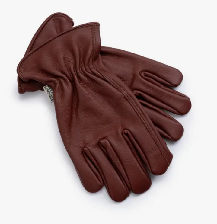 A pair of brown classic work gloves made of cowhide leather.