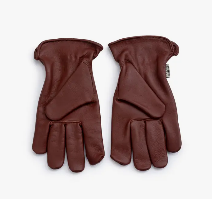 A pair of brown classic work gloves made of cowhide leather.