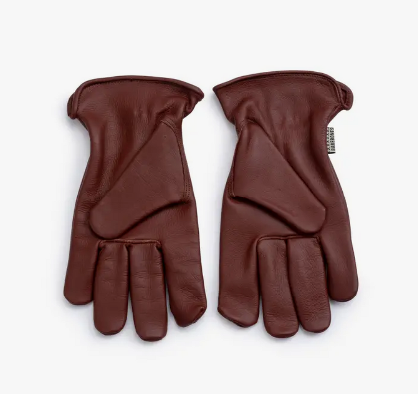 A pair of brown classic work gloves made of cowhide leather.