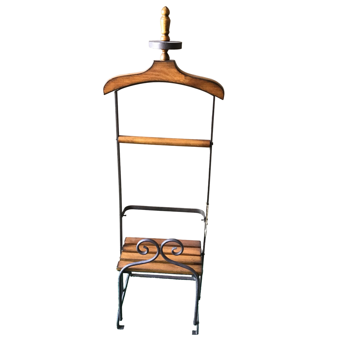 A clothing valet stand made of wood and metal.
