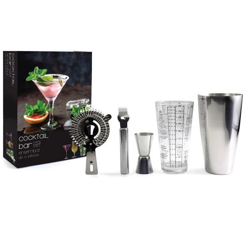 Cocktail bar set with tools and measuring cups on a white background