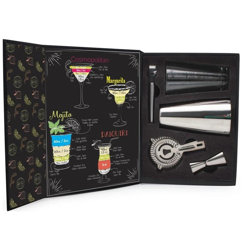 Bartender kit with cocktail recipes and tools on a white background
