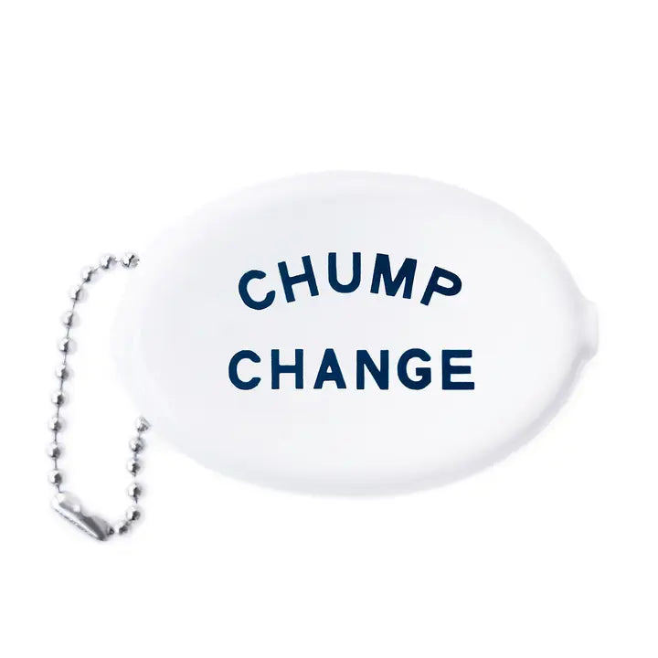 A white coin pouch with the word "chump change" in blue.