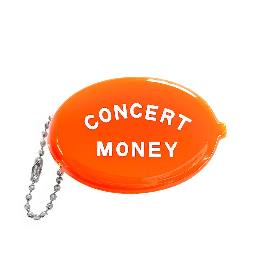 An orange coin pouch with the words "concert money" on it in white.