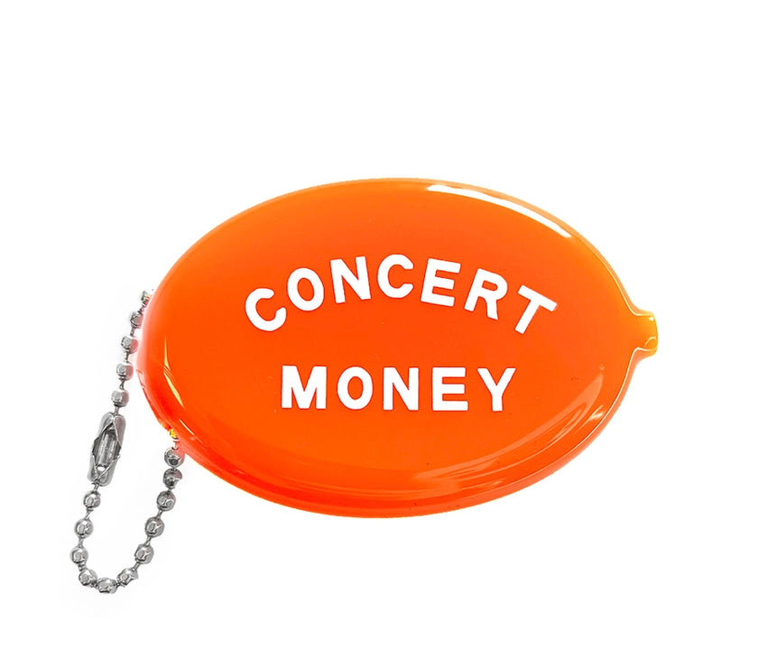 An orange coin pouch with the words "concert money" on it in white.
