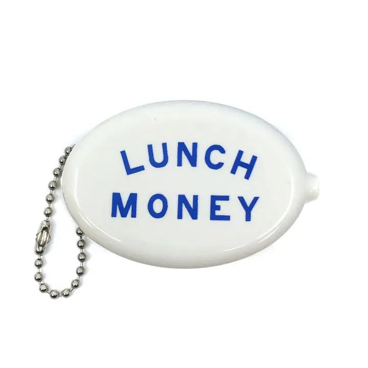 A white coin pouch with the words "lunch money" on it in blue.