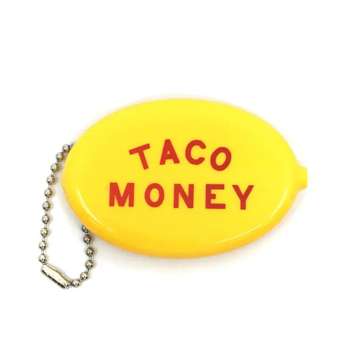 A yellow coin pouch with the word "Taco money" in red.