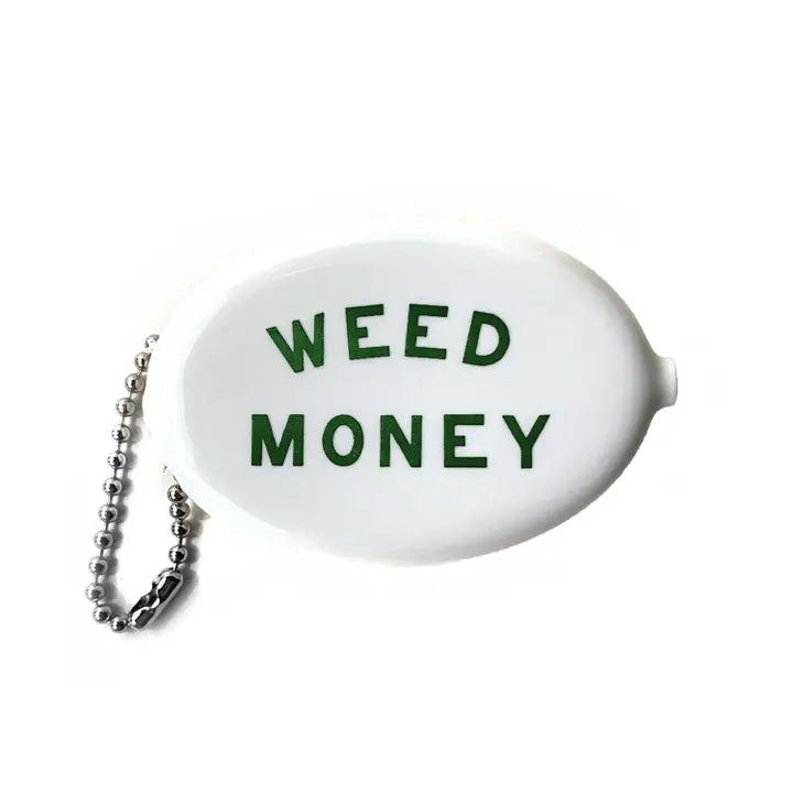 A white coin pouch with the words "weed money" on it in green.