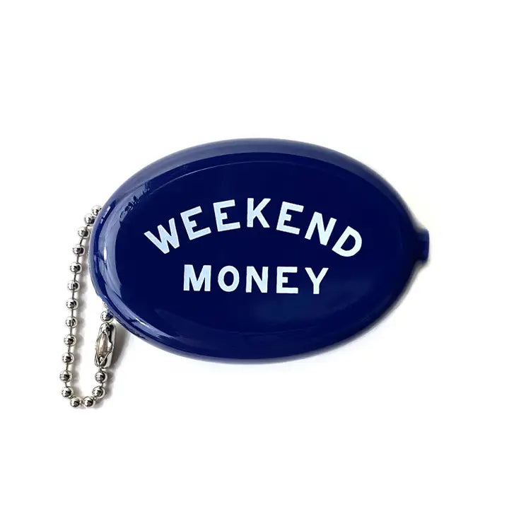 A blue coin pouch with the words "weekend money" on it.