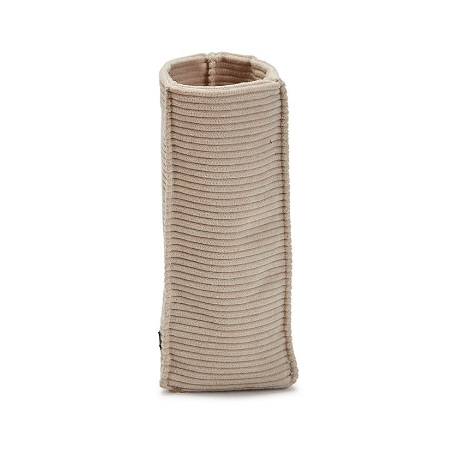 Beige corduroy standing triangular weighed eyeglass holder.