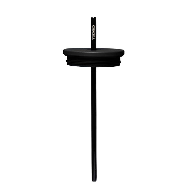A black Corkcicle 24oz cold cup lid with a straw set against a white background.