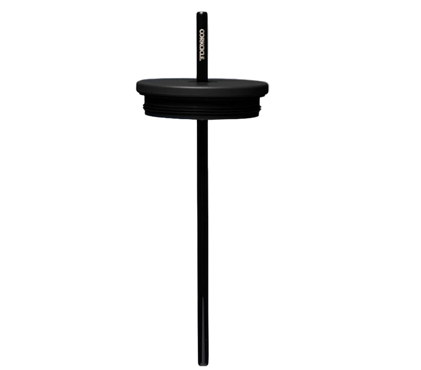 A black Corkcicle 24oz cold cup lid with a straw set against a white background.